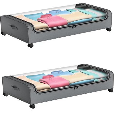 Aufbewahrungsbox für unter das Bett – 2-teilig – Metall und Oxford-Gewebe – mit Rollen und Sichtfenster – für Kleidung, Spielzeug, Schuhe – 80 x 44 x 16 cm (1/5)