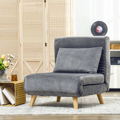 Fauteuil convertible avec fonction lit, dossier réglable, tissu velours, jusqu'à 125 kg, gris, avec coussin (1/5)