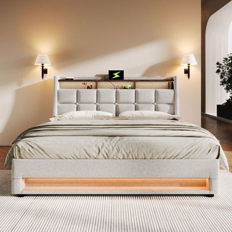 Lit coffre double - SOGEU - 140x200 - Lin beige - LED multicolore & 2 USB - Sommier relevable (1/5)