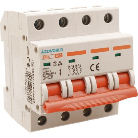 MCB Interruttore Magnetotermico Automatico Curva B 4P 4M 6000A AC 400V IP20 SB6L, Corrente Disponibili 10A 16A 20A 25A 32A 40A 50A 63A  (B40A)