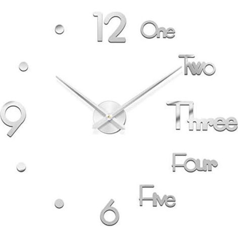DIY 3D Horloges Murales Design Moderne Horloge Murale 3D Miroir Surface Autocollant Home Office Decor Horloge, Décoration (Argent), Ensoleillé