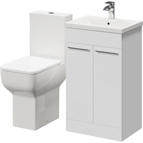 Alessio Gloss White 500mm Vanity Unit and Toilet Suite including Comfort Height Toilet and Floor Standing Vanity Unit with 2 Doors and Polished Chrome Handles (1/5)
