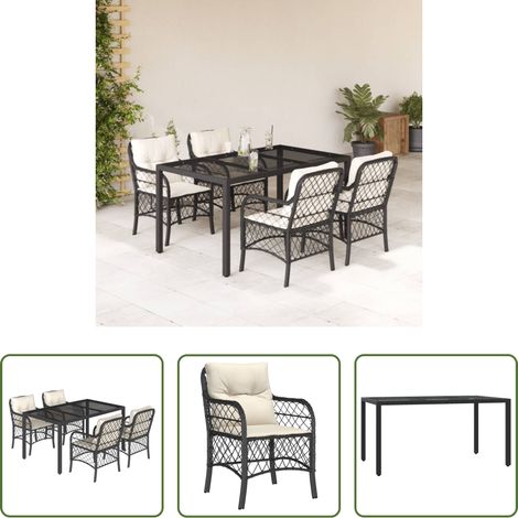 Gartenessgruppe - 5-tlg. Garten-Essgruppe mit Kissen Schwarz Poly Rattan (1/5)
