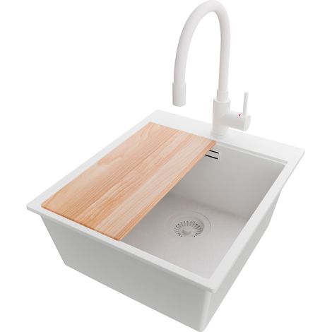 PRIMAGRAN Evier Cuisine en Granit 43x50cm, Lavabo 1 bac + Robinet 38x14cm + Kit de Vidage + Accessoire, Évier à Encastrer au meuble 45cm - Oslo, Tout Blanc (1/5)