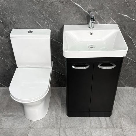 Black Vanity Unit Bathroom Suite 500mm with Closed Back Toilet Chrome Handles, Without Tap & Waste