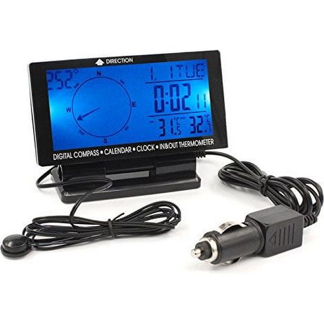 Elektronische Autouhr mit Kompass, Thermometer und Kalender, blauer Hintergrundbeleuchtung, Digitalanzeige (1/5)