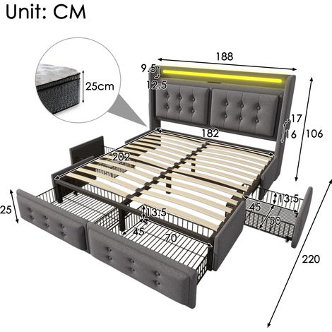 Lit rembourré double 180x200 LED USB-C 4 tiroirs coffre sommier lattes bois cadre métal 300 kg gris coton