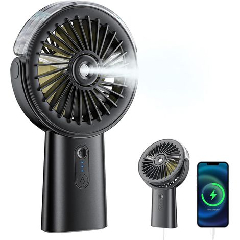 Ventilateur Portable Brumisateur, Mini Ventilateur Batterie USB Rechargeable 6000mAh, Petit Ventilateurs Silencieux Fan avec 4 Vitesses, Ventilo a Main pour Voyage, Extérieur, Noir (1/5)