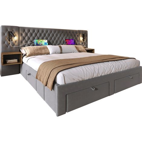 Ensemble chambre complet, lit capitonné double 160x200 avec 2 tables de nuit et 4 tiroirs, tête lampe lecture USB, gris, velours, matelas non inclus, pour chambre adulte, gain de place (1/5)