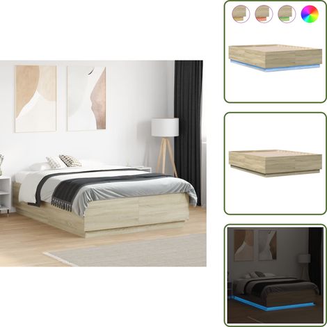 Bettgestell mit LED Sonoma-Eiche 140x190 cm Holzwerkstoff - Holzbettfassungen - Bettsystem - Lattenrost - Schlafzimmermöbel - SONOMA EICHE (1/5)