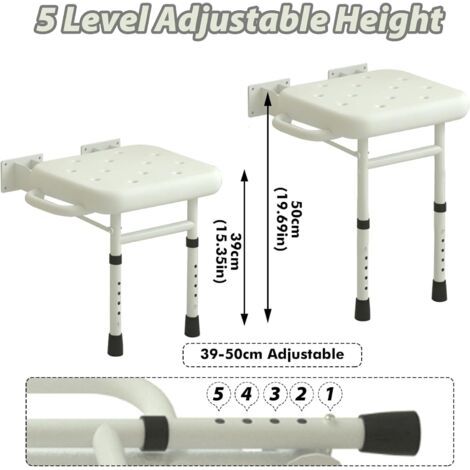 Siège de douche pliable pour montage mural, avec pieds de support antidérapants, trous de drainage, hauteur réglable jusqu'à 300 kg, tabouret de douche pour personnes âgées, femmes enceintes (1/5)