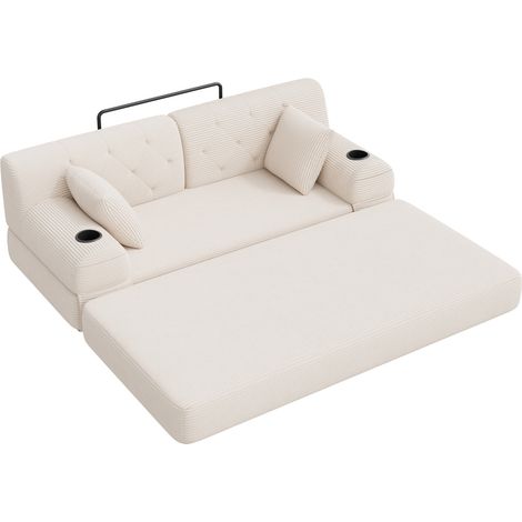 Divano letto 2 posti beige in velluto a coste, schienale alto, metallo e 4 tasche (1/5)