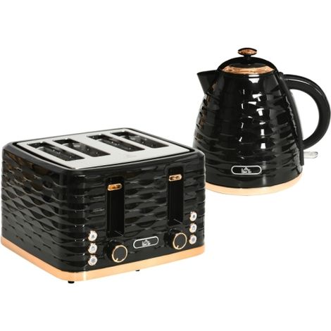 3000W Black Kettle and Toaster Set - 1.7L Rapid Boil Kettle with 4 Slice Toaster, 7 Browning Settings, Defrost and Crumb Tray