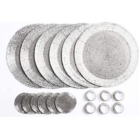 Ensemble de sous-Verres, Ronds de Serviette et Sets Table Ronds Perles Verre 18 Pièces, Argent (1/5)
