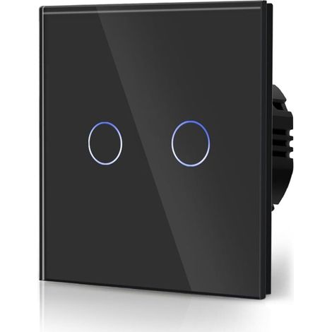 Normaler Berührungsschalter, Wandlichtschalter, kompatibel mit LED-Licht, Glas-Touchpanel, 110 V – 240 V, gehärtete Kristallplatte mit Hintergrundbeleuchtung, Taste, 2-fach, 2-Wege, Schwarz (1/4)