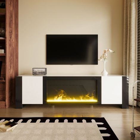 Meuble TV avec foyer électrique - KOMHTOM - 165x32x55 cm - Blanc/Noir - Cheminée effet flamme (sans chauffage) - 2 portes (1/5)