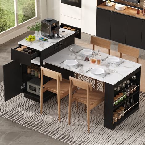 Îlot de cuisine roulant extensible, LED intégrée, prises et crochets, pour cuisine ou salle à manger, noir, plan de travail lumineux et modulable, rangement pratique (1/5)