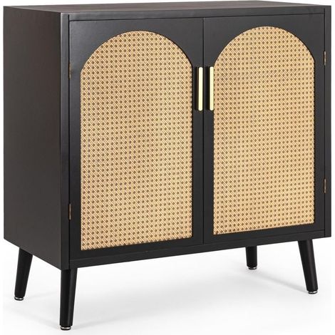 Vintage-Sideboard mit 2 Türen aus schwarzem Holz und Rattan 80x40x80 Josine YES (1/5)