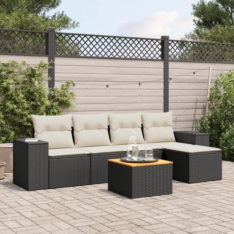 6-tlg. Garten-Sofagarnitur mit Kissen Schwarz Poly Rattan (1/3)