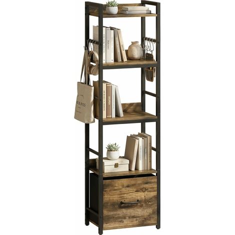 Bibliothèque étroite 4 niveaux avec tiroir, 8 crochets et pieds réglables, rangement gain de place pour salon ou bureau, métal et bois, style rustique - CHICFURN (1/5)