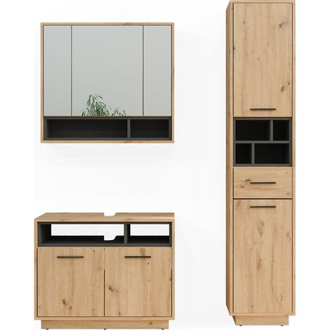 Set di mobili da bagno Beatrice, Rovere artigianale, 3 parti, con colonna, Vicco