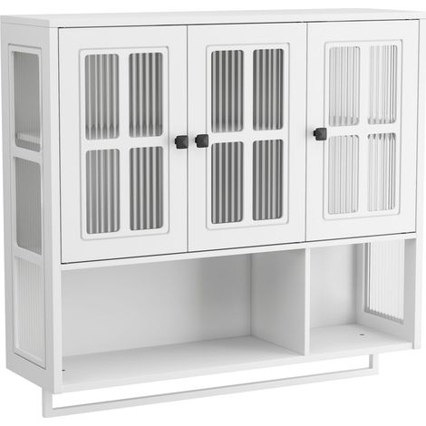 CAIziArmoire Murale Salle de Bain 3 Portes Bois Rangement Étagère Verre Blanc (1/5)