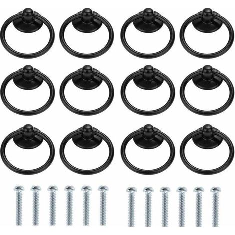 Pack of 12 Round Drawer or Cabinet Handles, Vintage Style, Single Hole, Black (1/5)