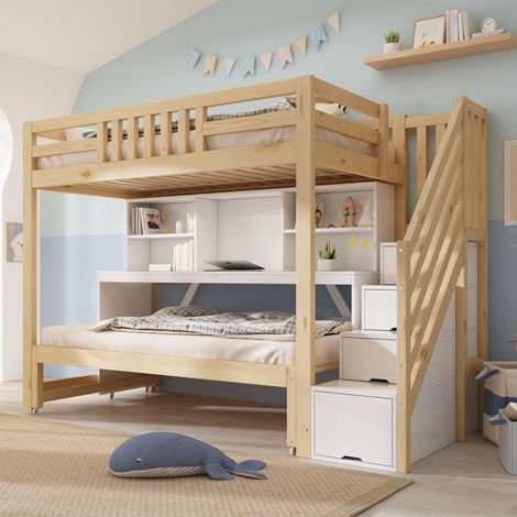 Litera 90x200 y 90x190 cm blanca y roble, con escritorio móvil, cama nido y escalera de almacenaje, estructura de madera, sin colchones (1/5)