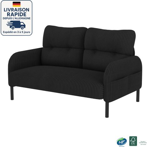 Divano in velluto - Profondità di seduta confortevole - Tasche laterali su ciascun lato dei braccioli - Costruzione solida - Scandinavo - Legno certificato PEFC - 2 posti - Nero (1/5)