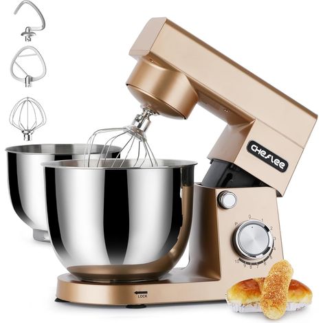 Pastry Processor, 1500 W Pastry Processor, with 4.5 and 5.5 L Stainless Steel Bowl, 10+P Speed, with Mixer Hook, Kneading Hook, Whisk and Splash Protection (Gold) (1/5)