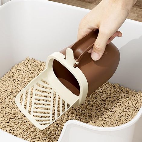Pala para arenero con soporte, herramienta portátil de limpieza para gatitos con mango y cubo de basura para el cuidado de mascotas en interiores (1/5)