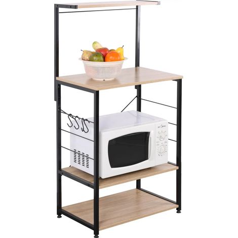 carrello da cucina metallo nero con 3 ripiani quercia, 60x40x123 cm