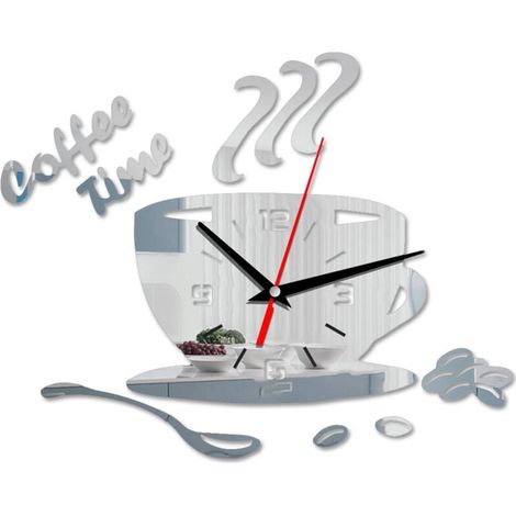 Horloge murale moderne en acrylique silencieuse, forme de tasse à café, avec chiffres adhésifs et chiffres découpés, design scandinave minimaliste pour salon ou cuisine