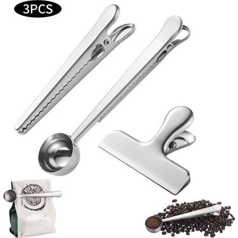 3 clip di chiusura in acciaio inox, vari modelli, con cucchiaini, clip di freschezza, sigillatori per sacchetti, morsetti di freschezza, clip per snack (1/5)