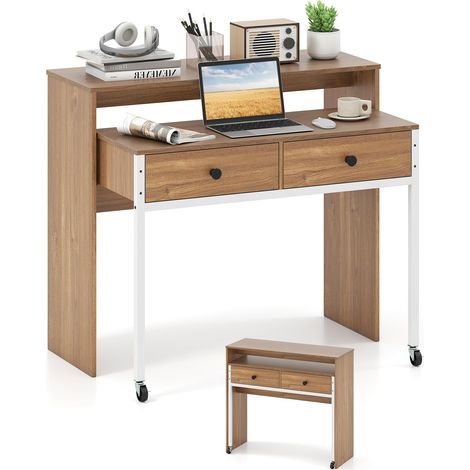 COSTWAY Scrivania per Computer, Tavolo Salvaspazio Retrattile con Cassetti e Ruote Universali Bloccabile, 100 x 63 x 88 cm, Desk Gaming per Ufficio, Soggiorno e Camera da Letto (Naturale) (1/5)