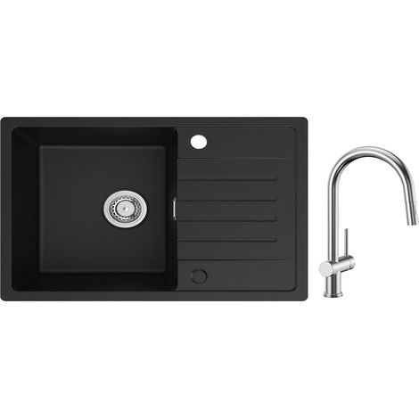 Lavello da Cucina Cecipa 1 Vasca con Gocciolatoio, Lavello da Cucina in Quarzo e Resina 78x45 cm Lavello Nero di Grande Capacità + Miscelatore da Cucina con Doccetta Estraibile Spazzolata (1/5)