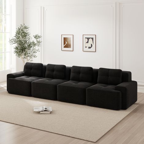 Divano modulare 4 posti in corduroy nero, seduta profonda 74 cm, senza montaggio
