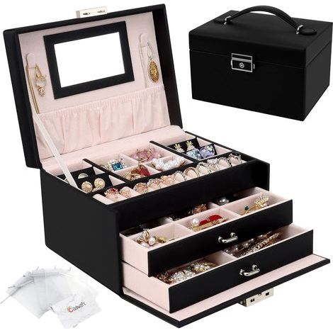 Boîte à Bijoux, Coffret à Bijoux avec Miroir et 2 Tiroirs, Rangement Bijoux Coffret Bijoux Verrouillable de Voyage à 3 Couches, Organisateur de Bijoux pour Colliers, Bagues, Noir (1/5)