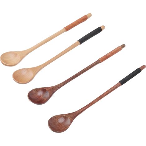 4 Pièces Cuillères en Bois à Long Manche pour Mélanger Café, Miel et Pâtisserie - Ustensiles de Service Artisanaux