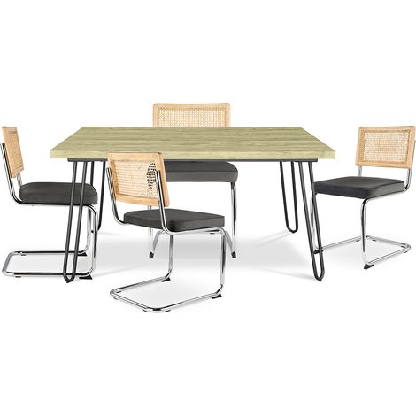 Pack Industrial Design Dining Table 120cm & 4 Rattan Dining Chairs - Velvet Upholstery - Martha Dark grey (1/4)