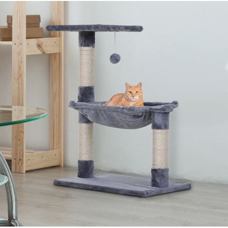 Arbre à chat avec griffoirs en sisal, plateforme et hamac en peluche 50 x 36 x 70 cm gris HAVRYA (1/5)