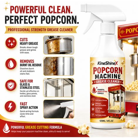 KineShineX Popcornmaschinen-Entfettungsspray löst eingebranntes Fett und eignet sich zur Reinigung und Fleckenentfernung von Kochgeschirr und Küchenutensilien. (1/5)