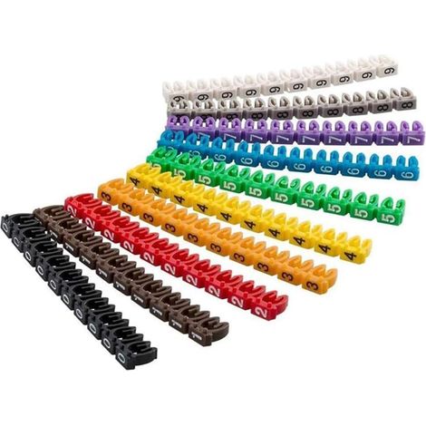 Marqueurs de câble à numéros de fil, marqueurs de fil colorés, numéros 0-9, marqueurs de câble, étiquettes de numéro de fil, design à clip, tube de marquage pour câbles à code couleur (100 pièces (1/5)