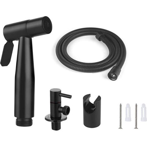 WC-Bidet-Set komplett mit 1,5 m Schlauch und Halterung mit G1/2-Adaptern, schwarz. -Crezuo