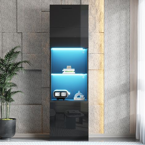 Hochvitrine mit LED, 45 x 35 x 160 cm, 1 Fachboden aus gehärtetem Glas, schwarz glänzend HAVRYA (1/5)