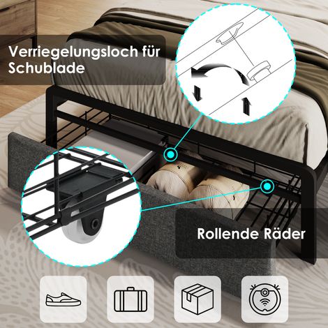 Lit coffre gris 90x200 cm avec tête de lit rangement, éclairage LED et tiroirs, sommier à lattes métal, port USB-C intégré, matelas non fourni. (1/5)