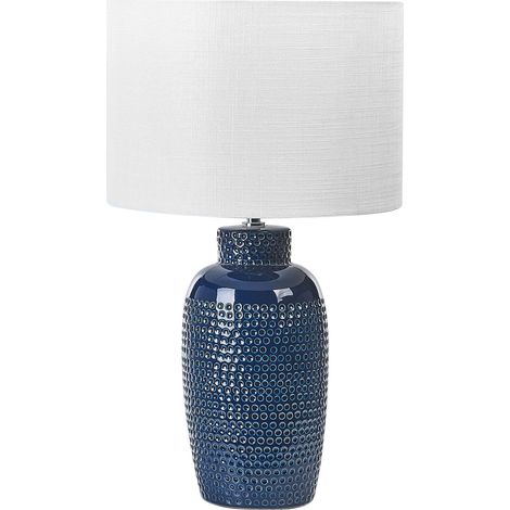 Lampada da tavolo ceramica blu con paralume bianco 56 cm Perlis