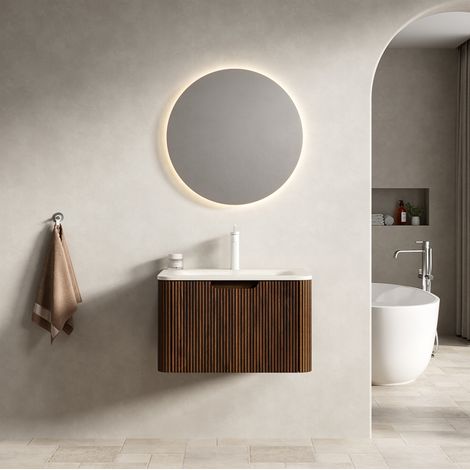 Mueble de baño con lavabo 60 cm, suspendido, travertino beige y nogal DESVIAE (1/5)