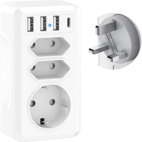 Adaptateur Voyage 7 en 1 avec 3 USB et USB-C Adaptateur France vers UK Prise Anglaise Adaptateur UK Type G pour Irlande Malaisie Angleterre Royaume-Uni Dubai (1/4)
