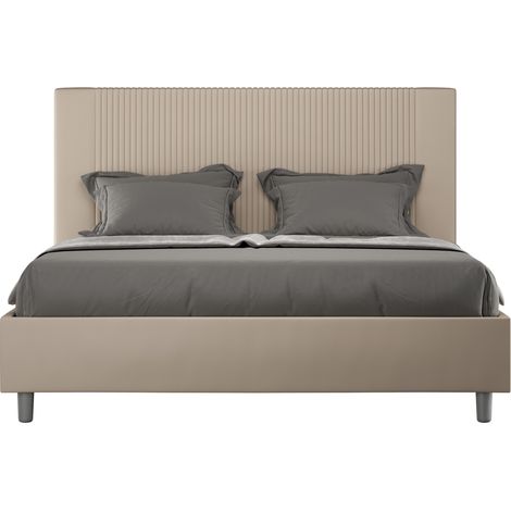 Lit moderne 160x200 cm avec tête de lit rayures verticales matelassé simili cuir café Bazen- (1/5)